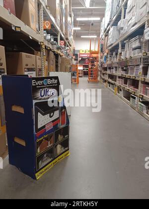 Houston, Texas USA 08-14-2023: The Home Depot aisle with selective focus on an Ever Brite solar powered lights display. Stock Photo