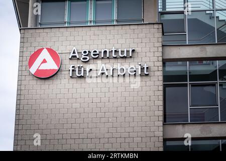 Picture of a sign with the logo of Agentur fur Arbeit in Dortmund, Germany. The Bundesagentur für Arbeit is a German federal agency in the area of res Stock Photo
