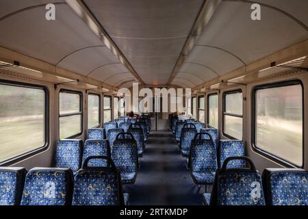 Picture of a typical seat from a European train,, en route in Riga, Europe, in a regional EMU train. Stock Photo