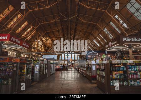 Picture of the main aisle of the butcher pavilion of Riga Central Market. Riga Central Market is Europe's largest market and bazaar in Riga, Latvia. Stock Photo