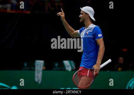 Valencia, Spain. 13th Sep, 2023. Tomas Machac of the Czech Republic reacts during the group C match between Spain and the Czech Republic at the Davis Cup Finals tennis tournament in Valencia, Spain, on Sept. 13, 2023. Credit: Str/Xinhua/Alamy Live News Stock Photo