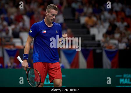 Valencia, Spain. 13th Sep, 2023. Jiri Lehecka of the Czech Republic reacts during the group C match between Spain and the Czech Republic at the Davis Cup Finals tennis tournament in Valencia, Spain, on Sept. 13, 2023. Credit: Str/Xinhua/Alamy Live News Stock Photo