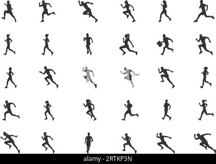 Running silhouettes, Running man and woman silhouettes, Run silhouettes, People running silhouette, Running vector set Stock Vector