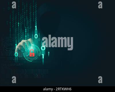 Hacker is pointing a pen at a group of zeros on a dark background ...