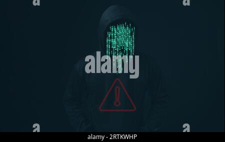 Hacker standing with data protection sign on dark background. Concept of information security in internet networks and espionage. Virus attack. Hacker Stock Photo
