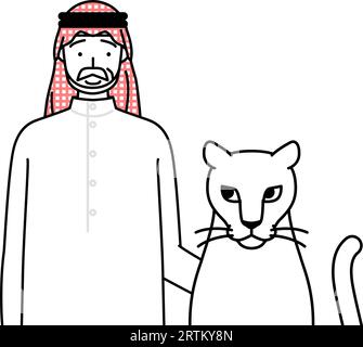 Senior Muslim Man is Petting a pet lioness, Vector Illustration Stock Vector