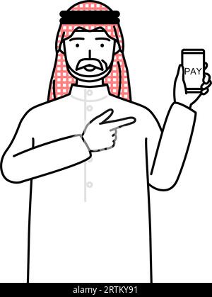 Senior Muslim Man recommending cashless online payments on a smartphone, Vector Illustration Stock Vector