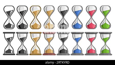 Vector Hourglass Set, decorative banner lot collection of 16 cut out illustrations of different colorful hourglasses, group of many contemporary clock Stock Vector