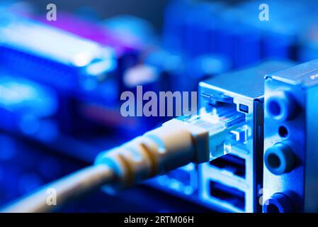 USB connection cable and accessories port of the office working PC desktop. Computer and technology object photo. Close-up and selective focus Stock Photo