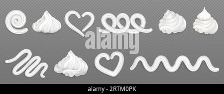 Whipped cream design elements for pastry isolated on transparent background. Vector realistic illustration of white creamy swirls, dairy curls, twirls, foam lines, sweet topping for cake, dessert Stock Vector