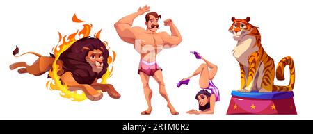 Circus cartoon characters of artists and animals during performance. Vector strongman with mustache showing his muscles, female gymnast in costume, tiger on stand and lion jumping through burning ring Stock Vector
