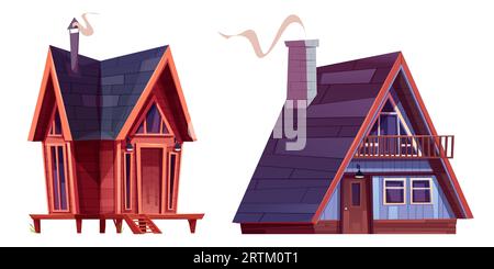 Wooden cabin with doors, windows and chimney. Cartoon vector illustration set of wood small house and hut. Forest shack or mountain chalet. Rural building for winter or summer vacation in countryside. Stock Vector