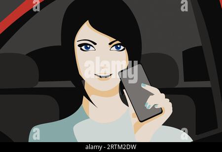 Woman on electric car shows an app or QR code from her smartphone screen flat style illustration replace screen with overlay layer Stock Photo