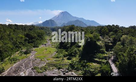 Beautiful view, Mount Merapi in the morning. The mountain emits smoke ...