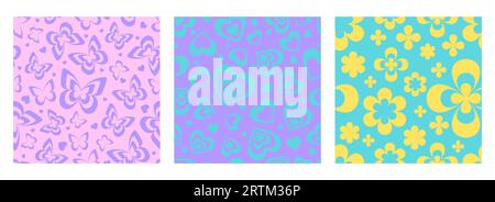 Y2k seamless pattern with groovy flowers hearts and butterfly. Retro print with aesthetic daisies. Vector set Stock Vector