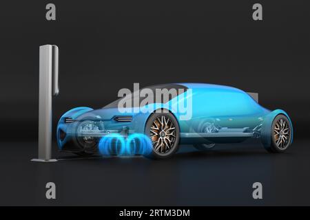 Futuristic Electric Car charging in wireless charging station. Generic design. 3D rendering image. Stock Photo