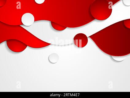 Contrast red and white curved waves pattern. Abstract corporate wavy graphic design with circles. Vector modern background Stock Vector