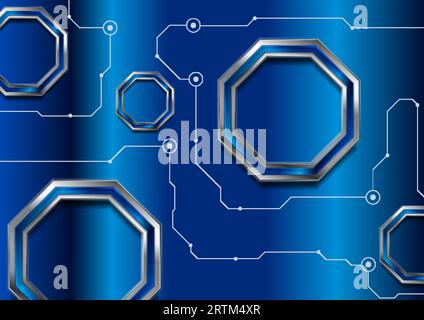 Blue abstract technology background with glossy octagons and circuit board lines. Vector futuristic design Stock Vector