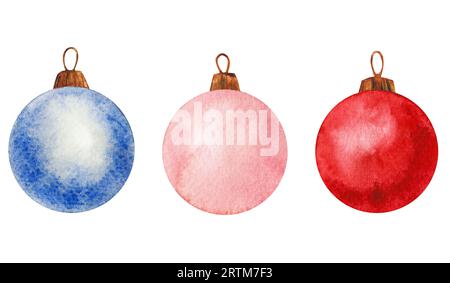 Watercolor illustration of Christmas ball. Set of isolated elements. Realistic 3d Xmas decoration design. New Year's holiday objects for design Stock Photo