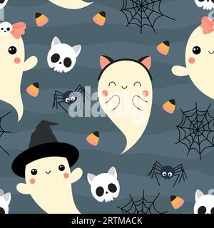 Vector pattern with cute ghosts and spiders Stock Vector