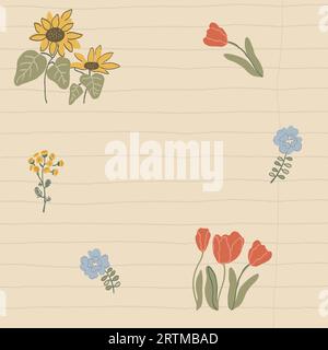 Texture retro pattern for cottagecore style design. Old beige paper sheet with lines ruled notebook with Romantic Meadow Wildflowers and botanical ele Stock Vector