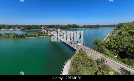 A scenic view of the Wintersdorf bridge spanning the Rhine River between Germany and France Stock Photo