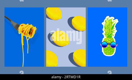 Contemporary art collage. Modern creative artwork. Set made of fork with spaghetti, pineaplle in sunglasses and pattern with lemons. Stock Photo