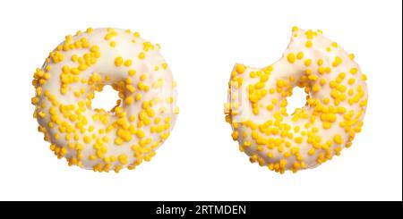 Whole and bitten tasty donuts with sprinkles isolated on white Stock Photo