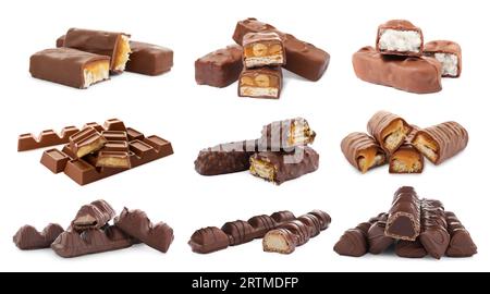 Set with many yummy chocolate bars isolated on white Stock Photo