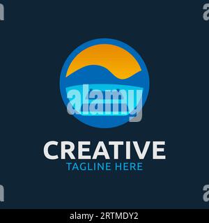 Rounded ocean dock logo with blue, dark blue and orange on dark background Stock Vector