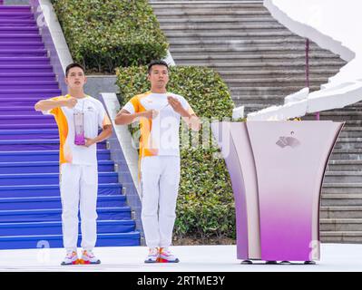 Taizhou, China's Zhejiang Province. 14th Sep, 2023. Photo shows the flame retrieval ceremony of the torch relay of the 19th Asian Games in Taizhou, east China's Zhejiang Province, Sept. 14, 2023. Credit: Sun Fei/Xinhua/Alamy Live News Stock Photo