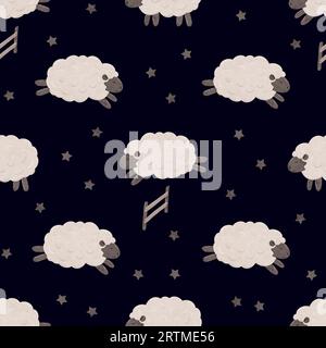 Seamless pattern with Cute cartoon baby Sheep jumping over the fence. Good night. Counting sheep for insomnia. Endless background in scandinavian Stock Photo