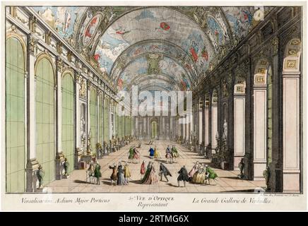 The Hall of Mirrors (Galerie des Glaces) at the Chateau de Versailles, hand-coloured etching, 1760 Stock Photo