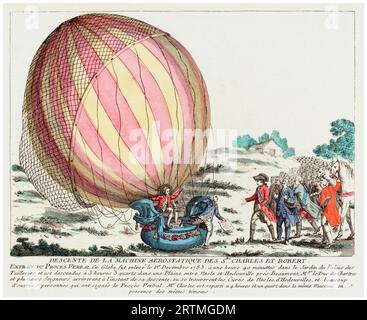 The successful descent and landing at Nesles-la-Vallée, Val-d'Oise of the first manned hydrogen balloon flight by Jacques Charles and Marie-Noel Robert on December 1st 1783, hand coloured engraving, 1783 Stock Photo