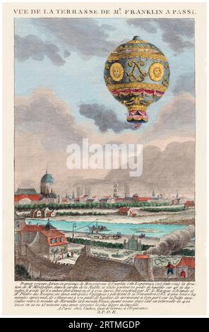 The first untethered manned flight of a Montgolfier hot air balloon on 21st November 1783 by Jean-François Pilâtre de Rozier and the Marquis d'Arlandes, taking off from the garden of the Château de la Muette in the presence of King Louis XVI. Hand coloured engraving, 1783 Stock Photo