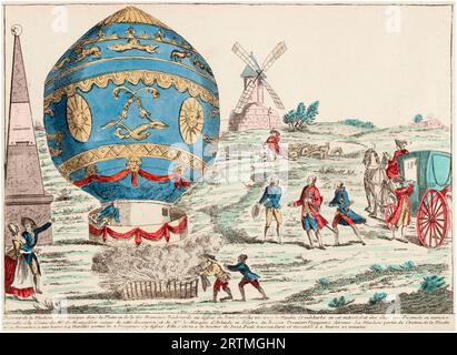 The successful landing of Jean-François Pilâtre de Rozier and the Marquis d'Arlandes' first untethered manned flight in a Montgolfier hot air balloon on November 21st 1783 at Butte-aux-Cailles, Paris, hand coloured engraving, 1783 Stock Photo