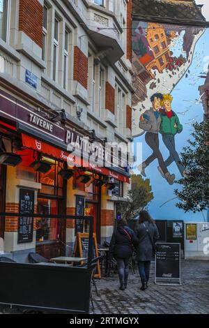Street art and cafe in Brussels, Belgium. Comic strip characters Stock Photo