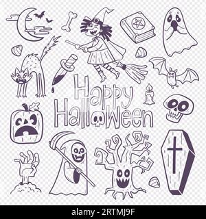 Cute Halloween doodle illustration with 16 isolated hand-drawn cliparts. Creepy halloween elements to celebrate a spooky night: Funny witch flying, sc Stock Vector