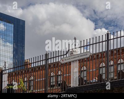 Black Sabbath Bridge sign by the Worcester and Birmingham canal, Gas Street Basin, Birmingham, UK Stock Photo