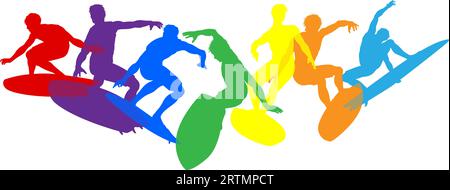 Surfers Surfing on Surf Boards Silhouettes Concept Stock Vector