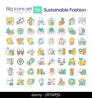 Editable multicolor big icons for sustainable fashion Stock Vector
