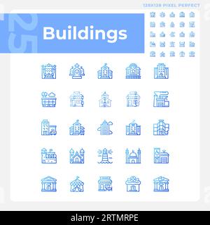 Pixel perfect blue gradient building icons set Stock Vector