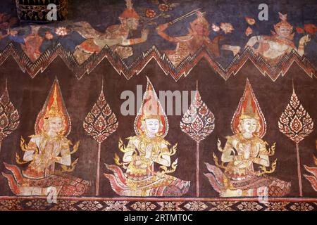 Bangkok National Museum.  Thailand Buddhism old antique vintage angels mural painting in Buddaisawan chapel.  Thailand. Stock Photo