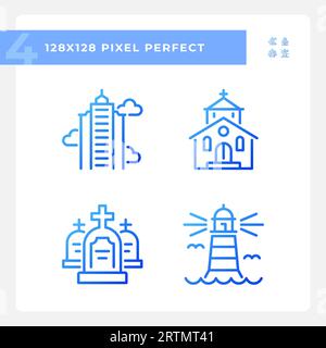 Pixel perfect blue gradient building icons set Stock Vector