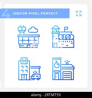 2D pixel perfect blue gradient building icons Stock Vector