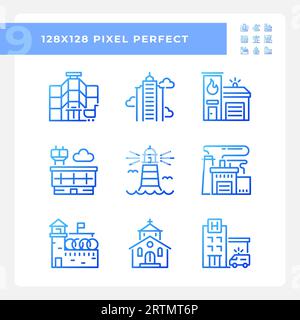 2D pixel perfect blue gradient building icons Stock Vector