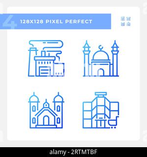 2D pixel perfect blue gradient building icons set Stock Vector