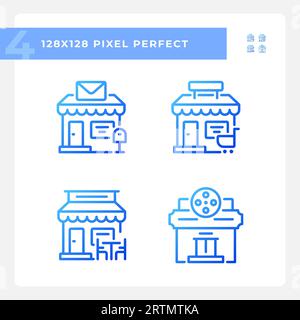 2D pixel perfect blue gradient building icons Stock Vector