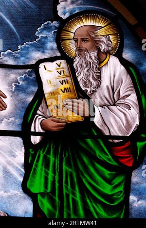 Stained glass : Moses & the tables of the law Stock Photo - Alamy