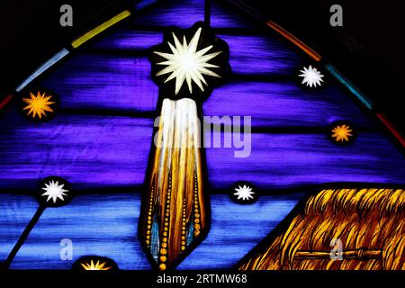 Song Vinh catholic church.  Stained glass window. Evening Star. Nativity.  Vietnam. Stock Photo